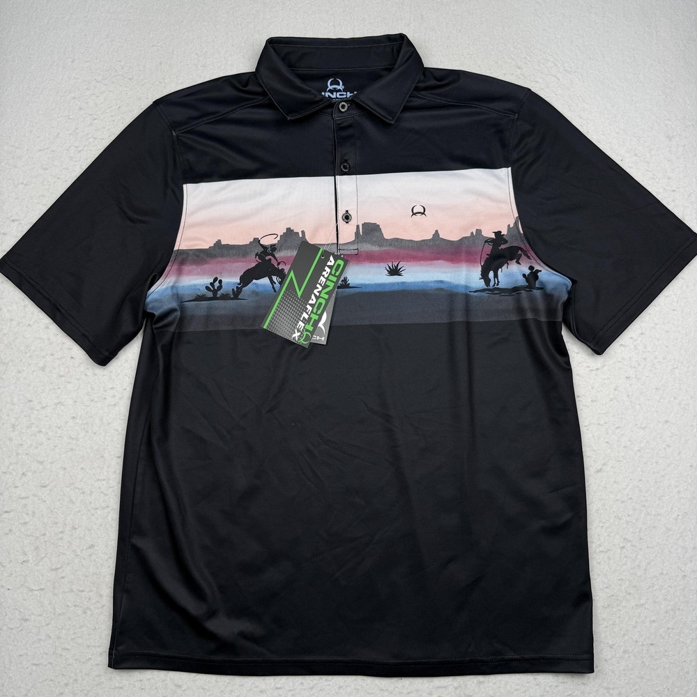 Cinch Polo Shirt Mens M Black Western ArenaFlex Cowboy Graphic Performance Tech